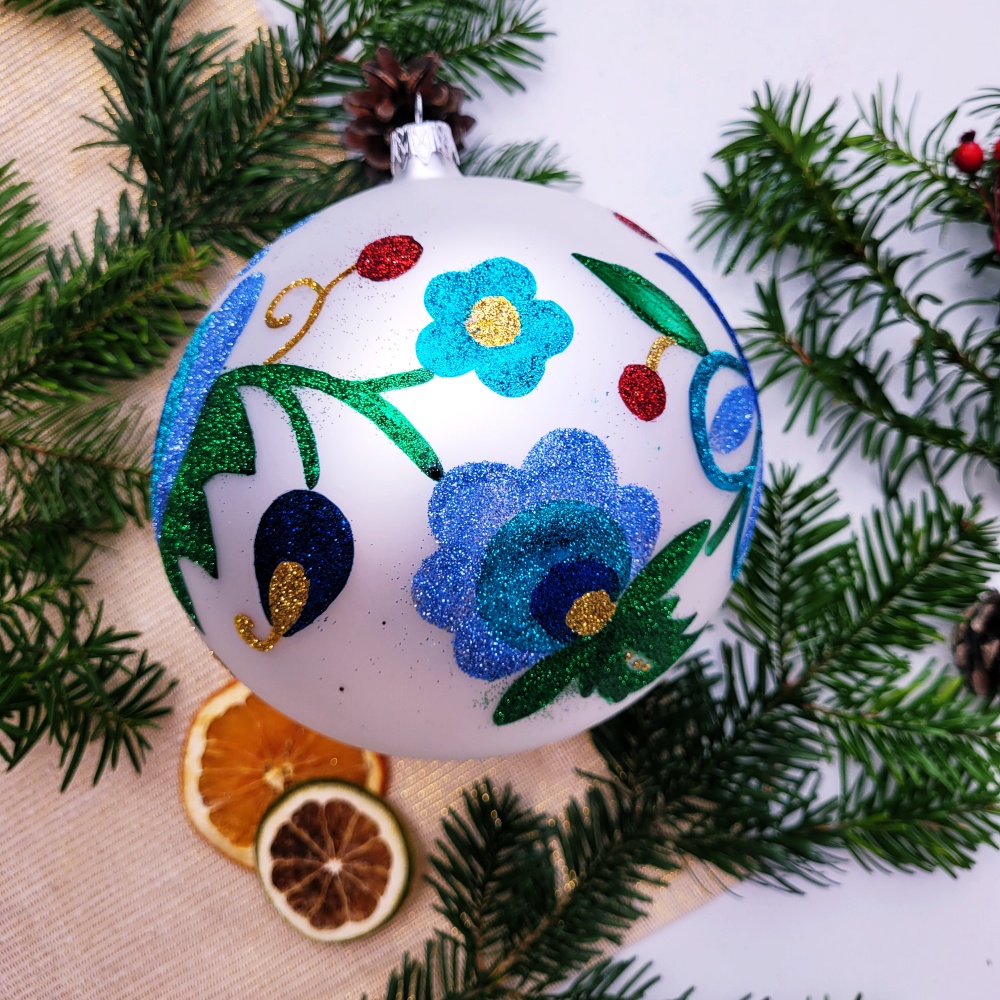 Bombka szklane brokatowe duża biała 2 Bombka szklane brokatowe duza biala