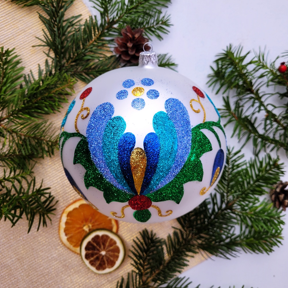 Bombka szklane brokatowe duża biała 3 Bombka szklane brokatowe duza biala