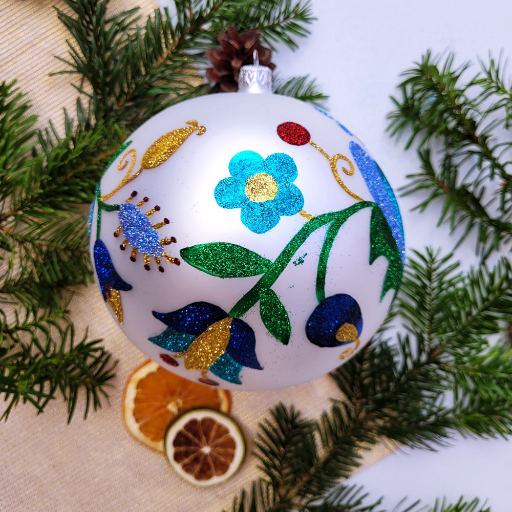 Bombka szklane brokatowe duża biała 4 Bombka szklane brokatowe duza biala