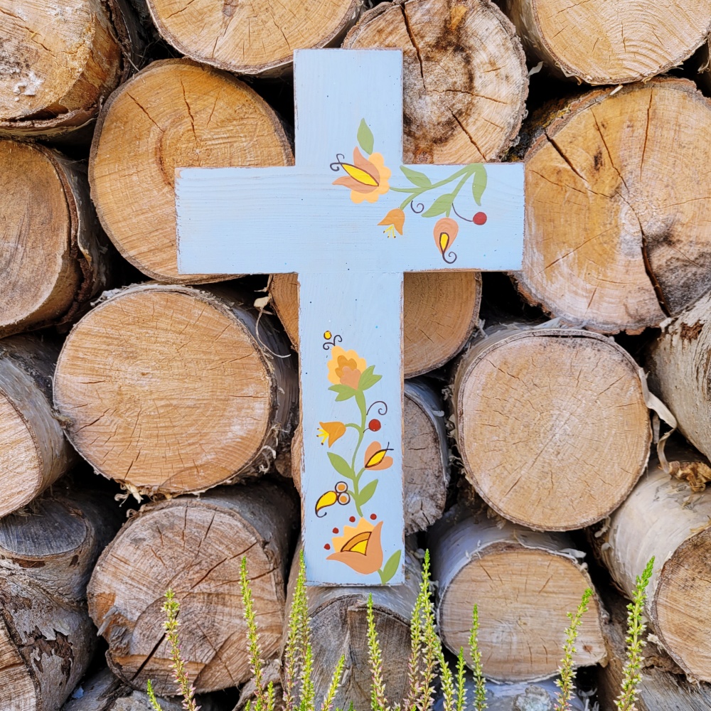 Krzyż jasnoniebieski - haft borowiacki Krzyż drewniany – wzory kaszubskie borowiackie – niebieski