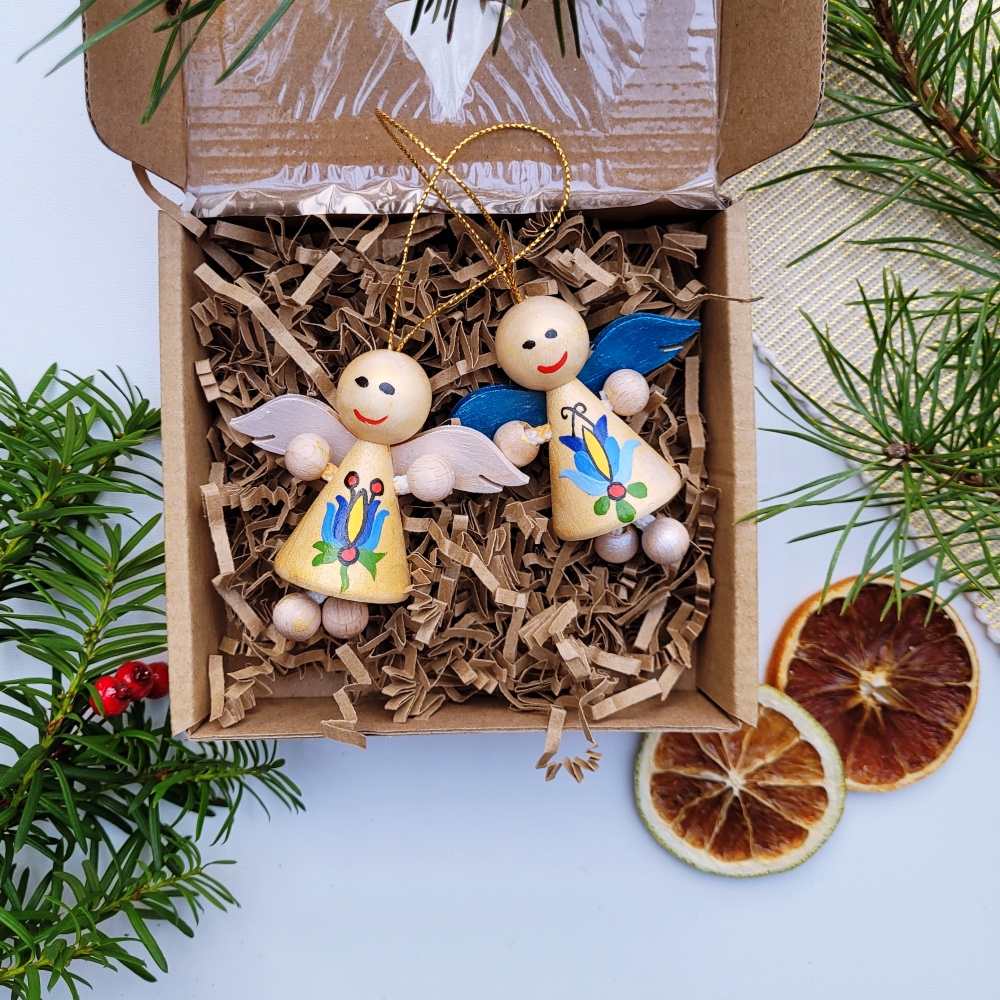 Aniołki małe zawieszki 2 Choinkowe Aniołki Drewniane – Zawieszki na choinkę 2sztuki