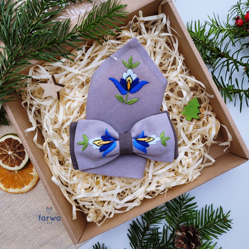 Muszka & Poszetka Szary Len Zestaw: Muszka i Poszetka Lniana z Haftem Ręcznym – szary