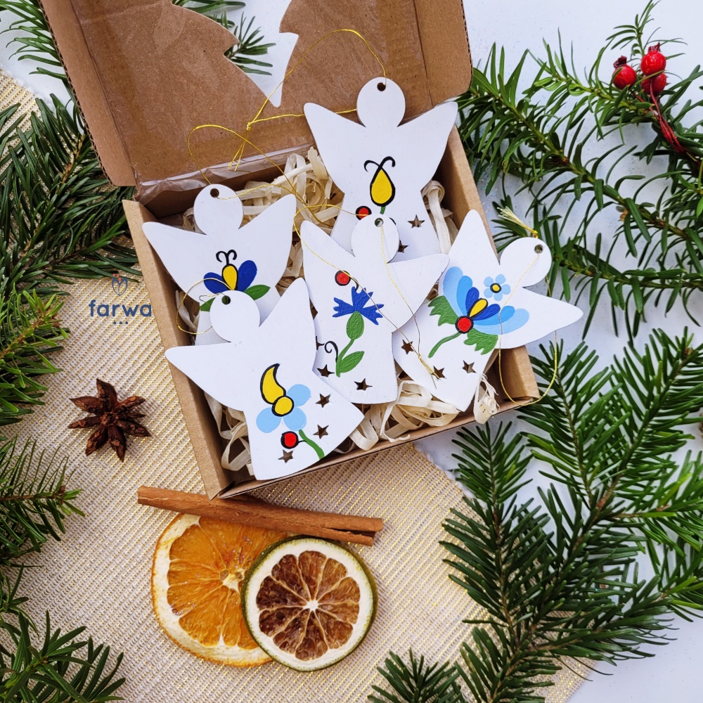 Zestaw Aniołki na choinkę 5szt Choinkowe Aniołki Drewniane białe – Zawieszki na choinkę 5szt.