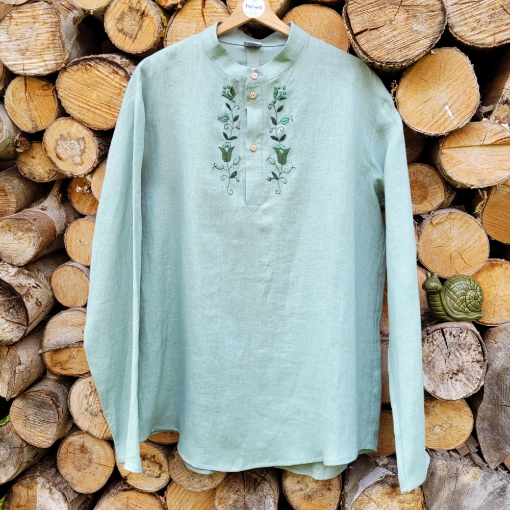 Koszula lniana zielona-mięta Kaszubska Koszula męska lniana ze stójką – miętowa – haft zielony